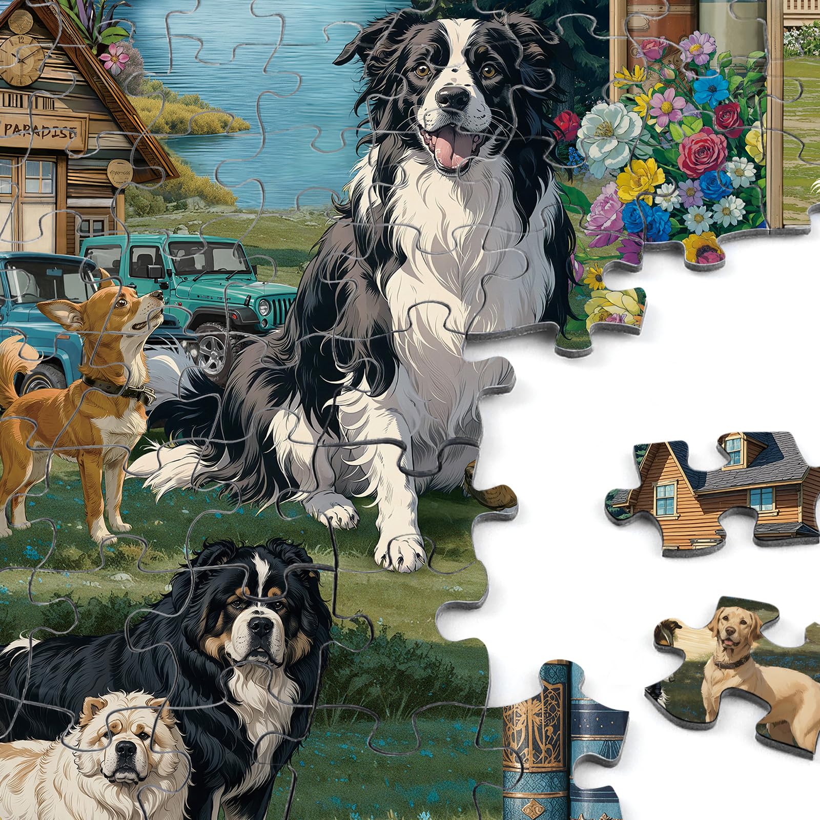 Rocorose 1000 Piece Jigsaw Puzzle for Adults – Dogs Bookshelf Nature Scene, 27.6 x 19.7 Inches, Includes Poster
