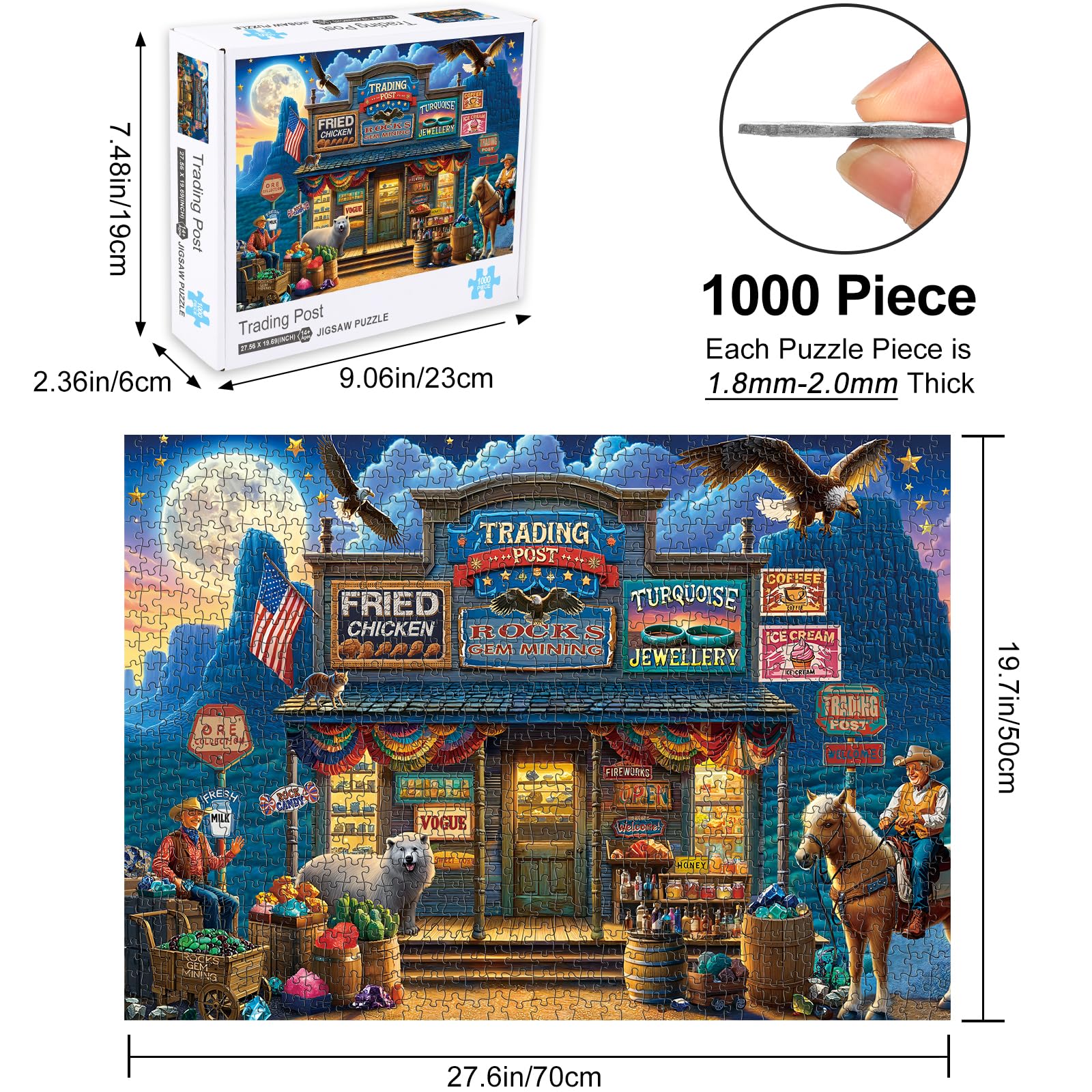 Rocorose 1000-Piece Jigsaw Puzzle: Retro Trading Post Scene with Cowboys and Eagles, Finished Size 27.6" x 19.7", Includes Full-Color Poster