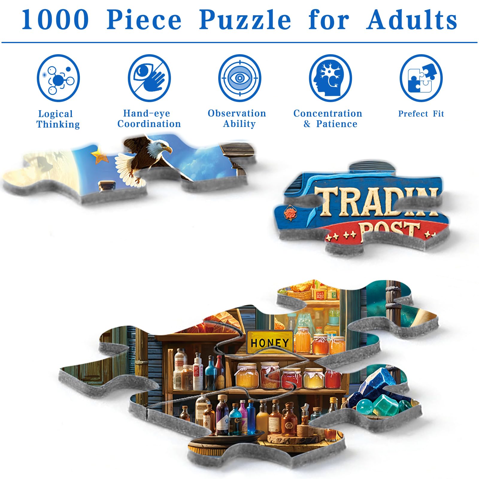 Rocorose 1000-Piece Jigsaw Puzzle: Retro Trading Post Scene with Cowboys and Eagles, Finished Size 27.6" x 19.7", Includes Full-Color Poster
