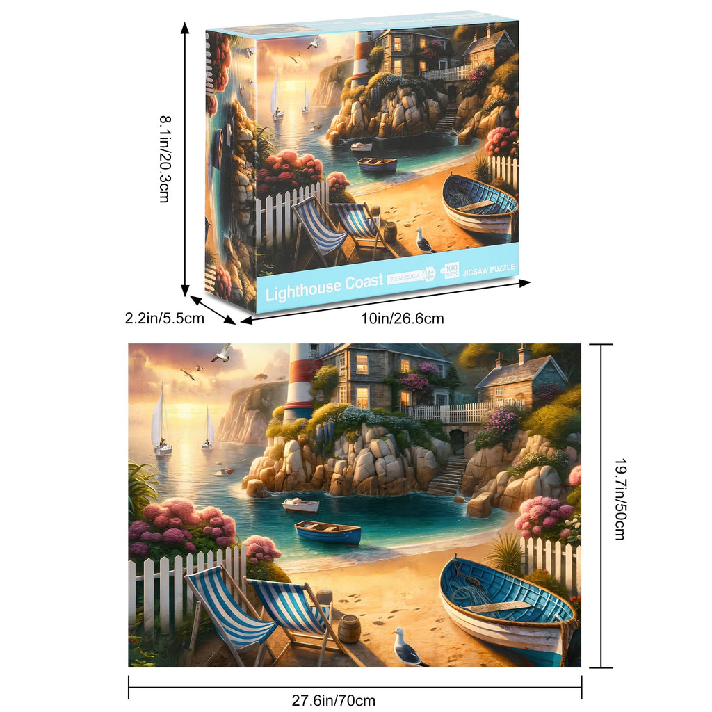 Rocorose 1000 Piece Lighthouse Coast Jigsaw Puzzle for Adults - Beach Sunrise Scene with Bonus Poster