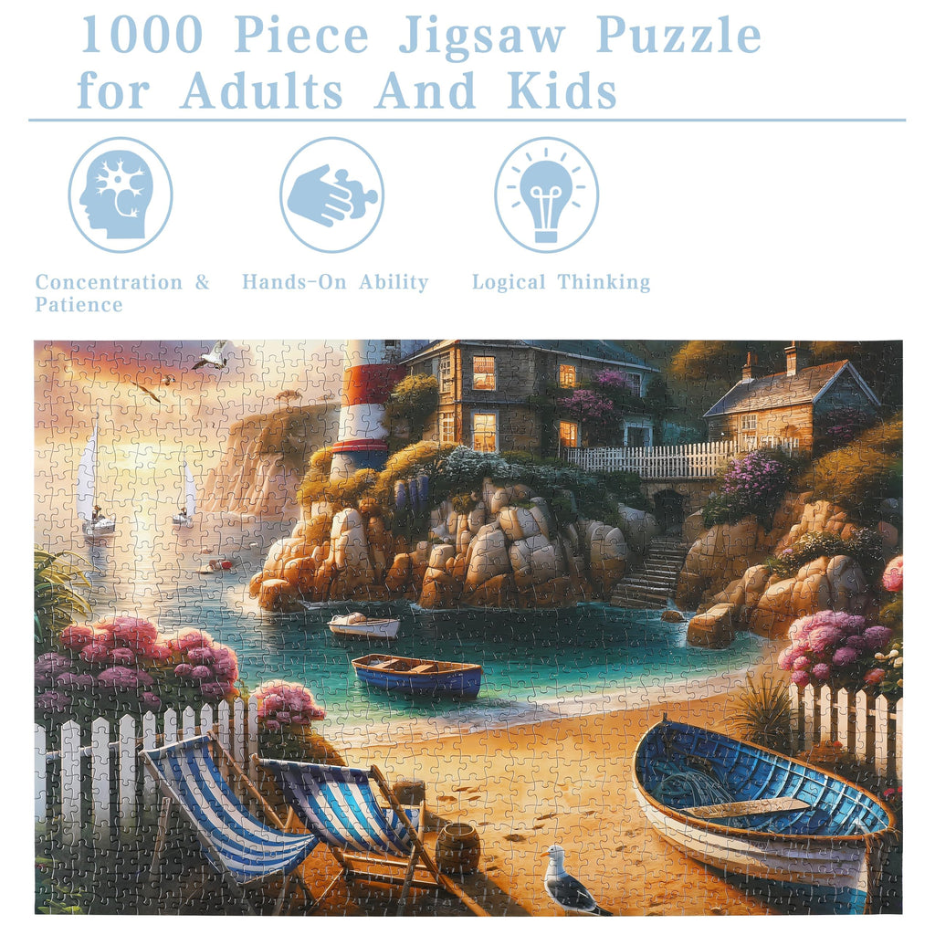 Rocorose 1000 Piece Lighthouse Coast Jigsaw Puzzle for Adults - Beach Sunrise Scene with Bonus Poster
