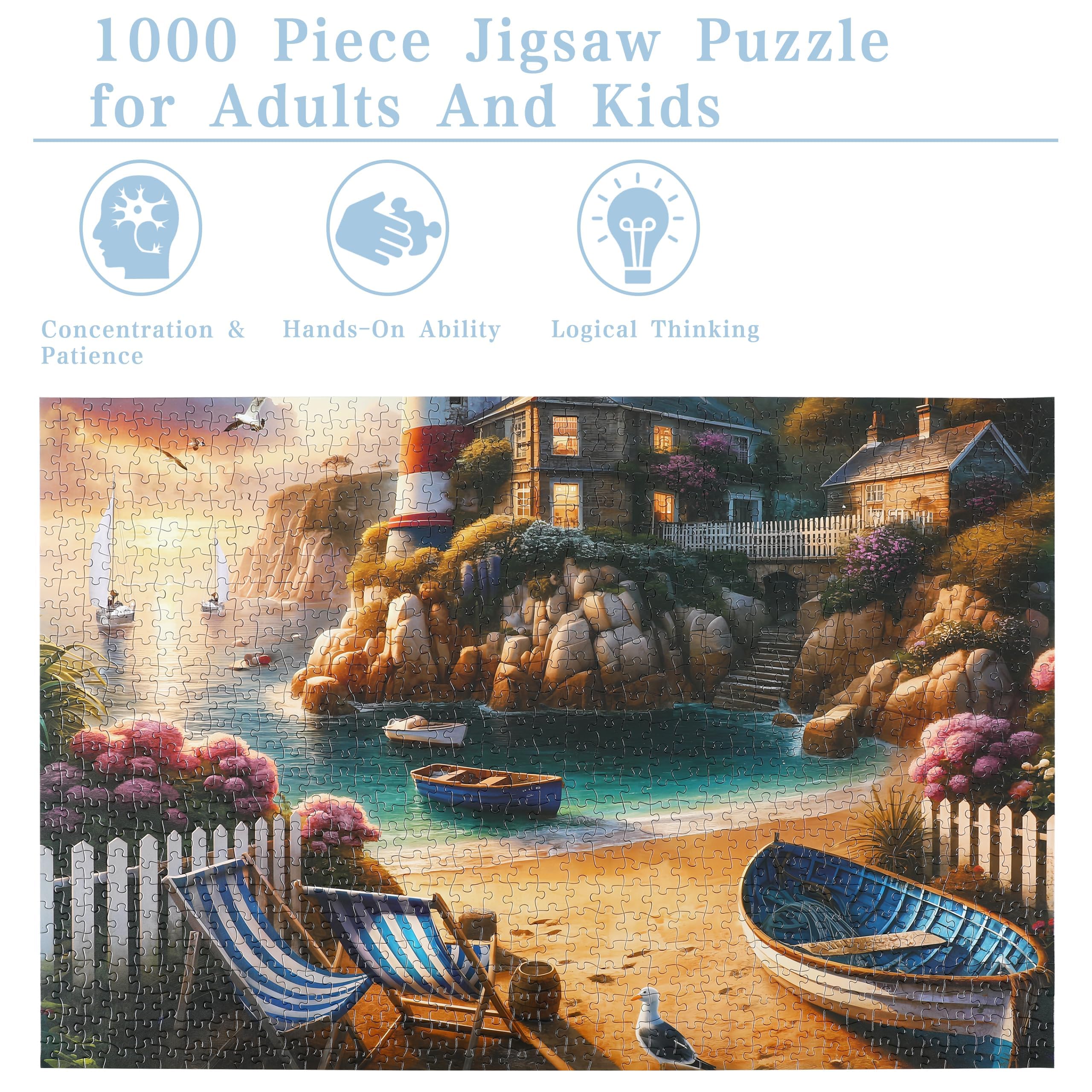 Rocorose 1000 Piece Lighthouse Coast Jigsaw Puzzle for Adults - Beach Sunrise Scene with Bonus Poster