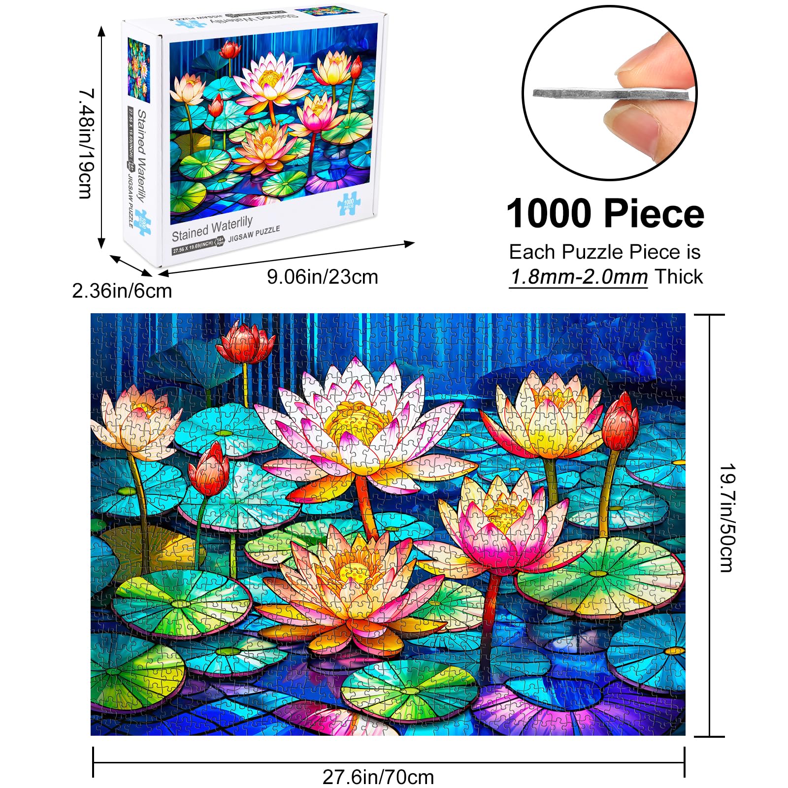 Rocorose 1000-Piece Stained Glass Lotus Jigsaw Puzzle – Hard & Colorful Water Lily Flower Challenge for Adults