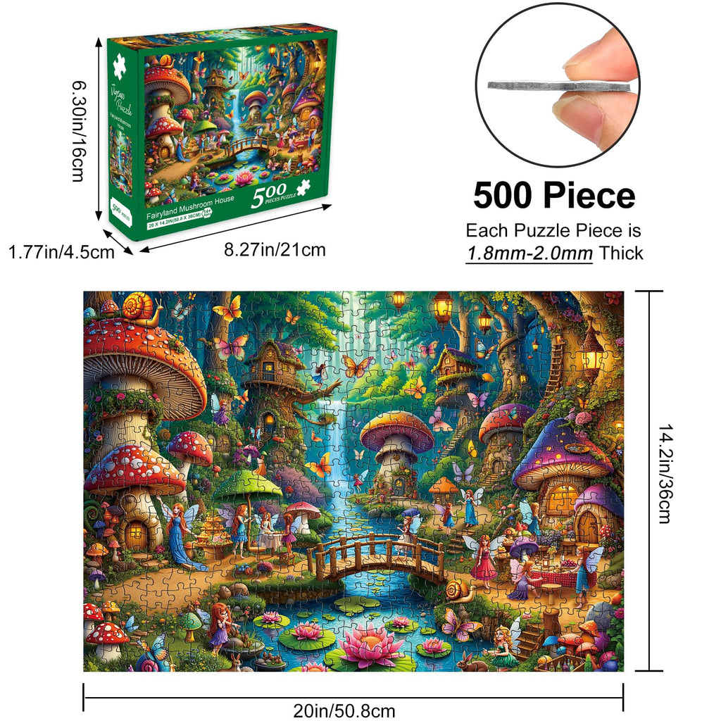 Rocorose 500-Piece Mushroom House Jigsaw Puzzle – Fairy Village Scene, 20 x 14.2 Inches