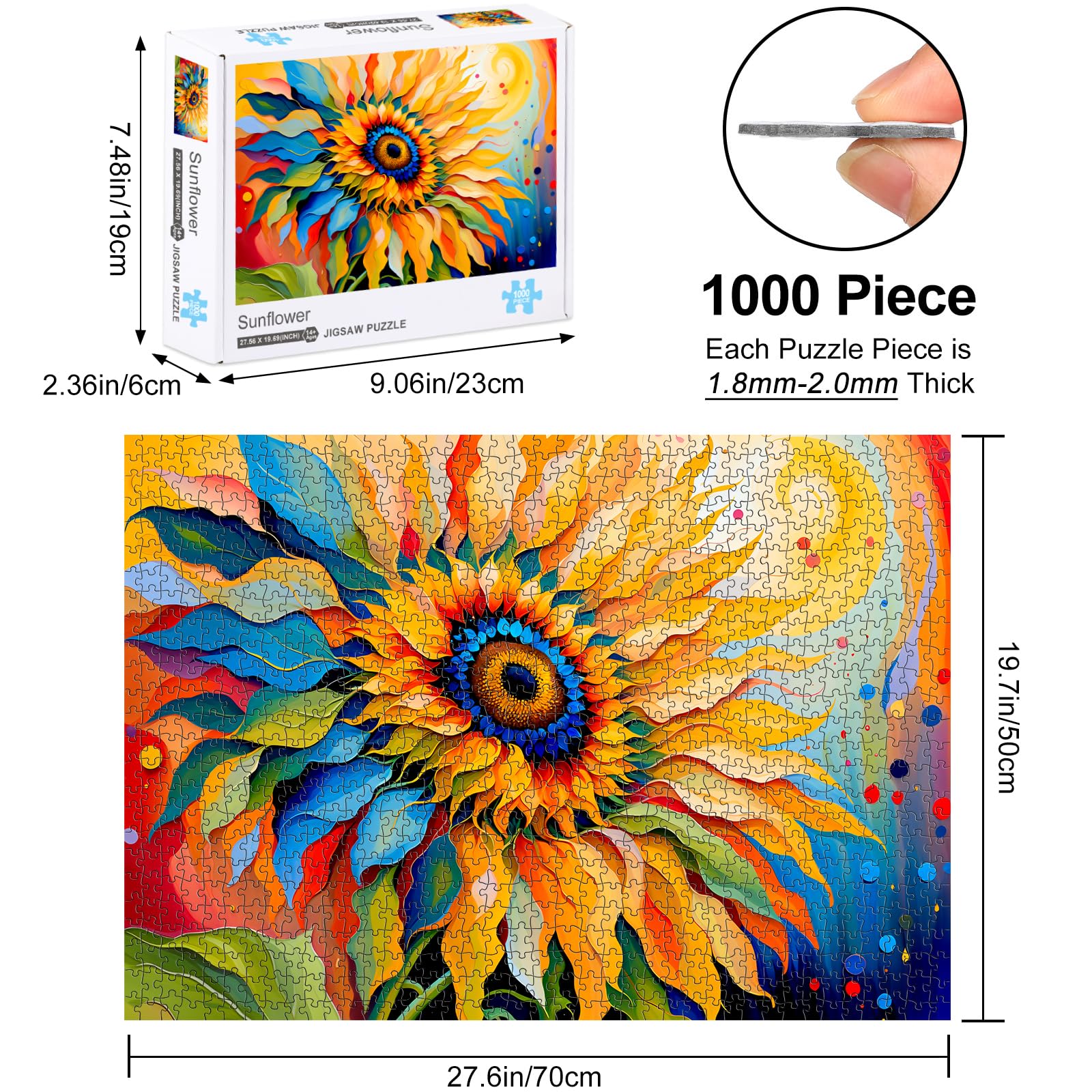 Rocorose Sunflower 1000 Piece Jigsaw Puzzle – Colorful Gradient Floral Artwork for Adults, Includes Poster, 27.5x19.68 Inches