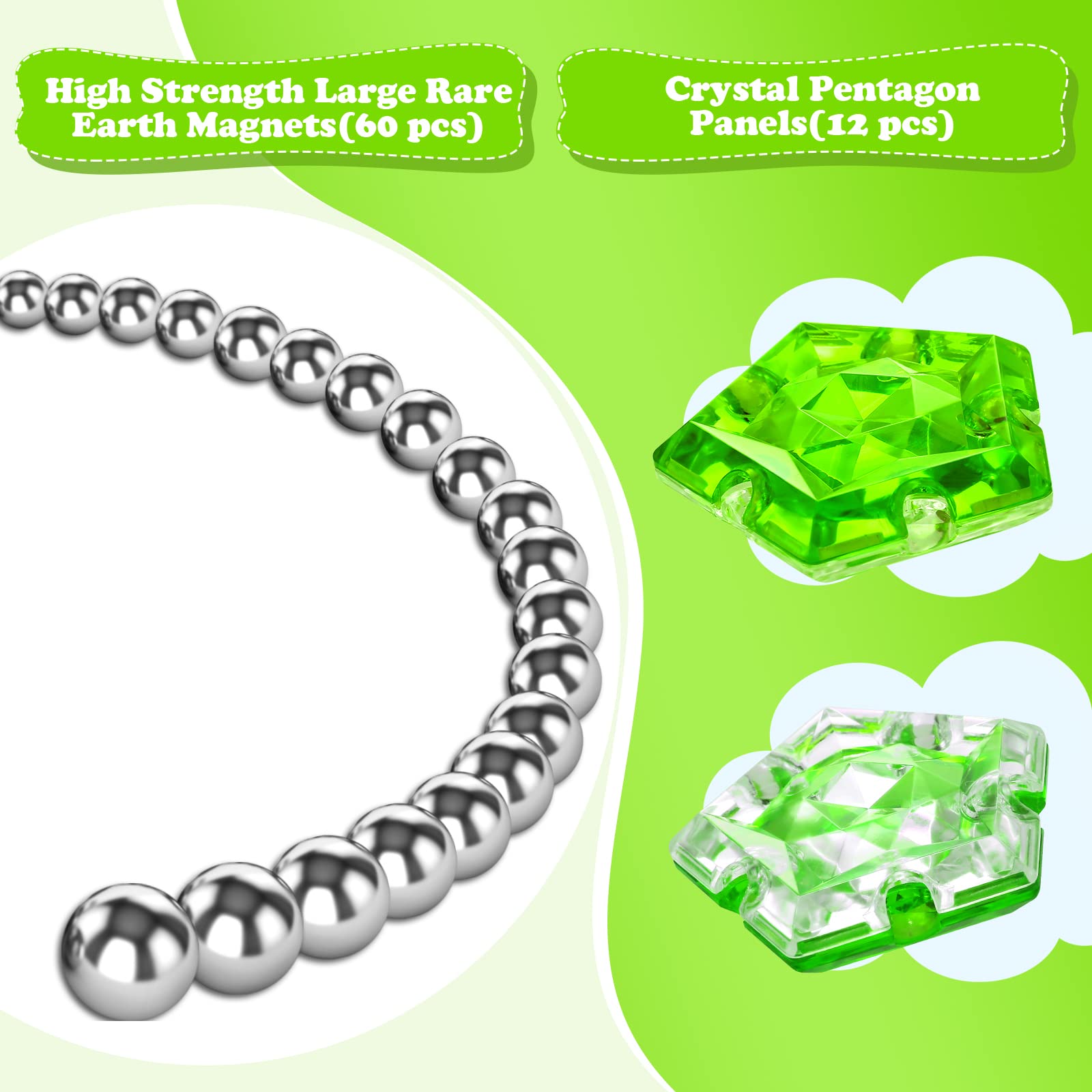 RoomyRoc Magnetic Fidget Sphere - 12 Crystal Bright Green Pentagon Magnets - Stress Relief Desk Toy