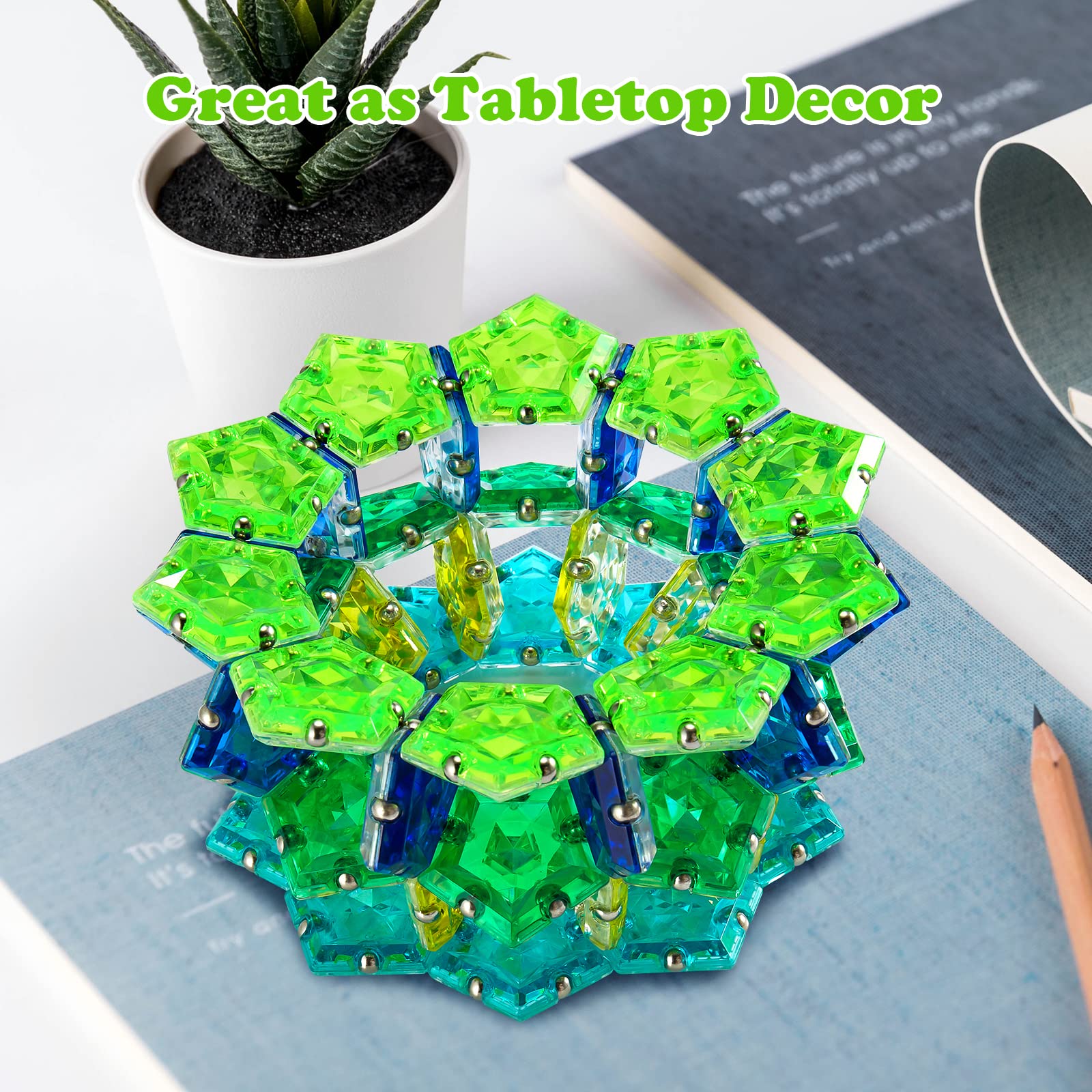 RoomyRoc Magnetic Fidget Sphere - 12 Crystal Bright Green Pentagon Magnets - Stress Relief Desk Toy