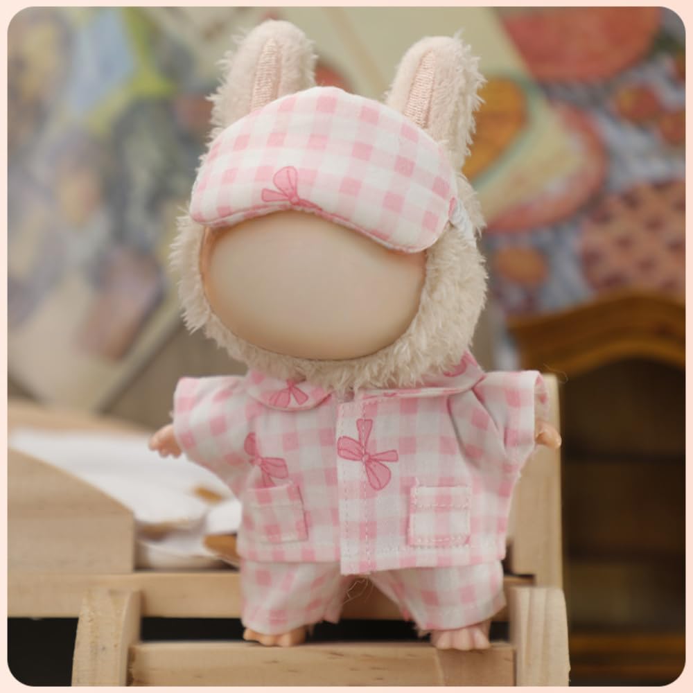 Roozxbscen Soft Cotton Plaid Pajama Set for 17cm Labubu Dolls - 3 Pieces with Eye Mask (Pink)
