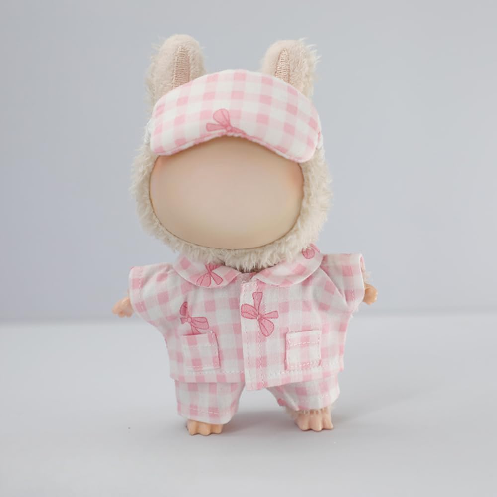 Roozxbscen Soft Cotton Plaid Pajama Set for 17cm Labubu Dolls - 3 Pieces with Eye Mask (Pink)