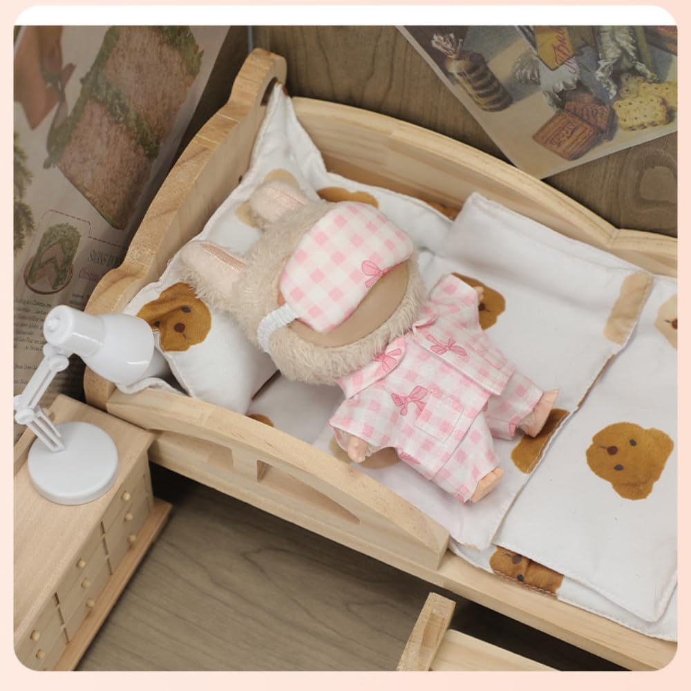 Roozxbscen Soft Cotton Plaid Pajama Set for 17cm Labubu Dolls - 3 Pieces with Eye Mask (Pink)