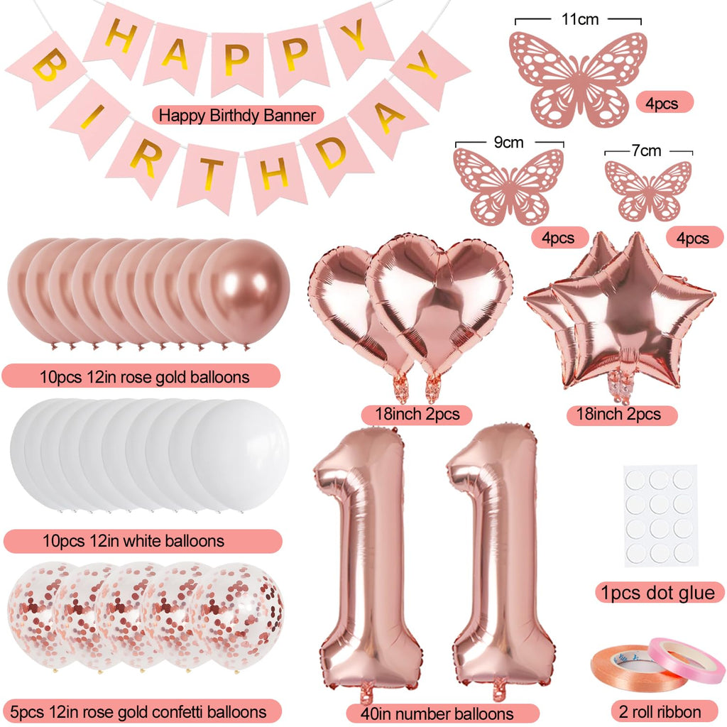 Rose Gold 11th Birthday Decorations Kit for Girls – Banner, 40-Inch Number 11 Foil Balloon, Butterfly Decorations, Heart & Star Balloons by VBEOLLOV