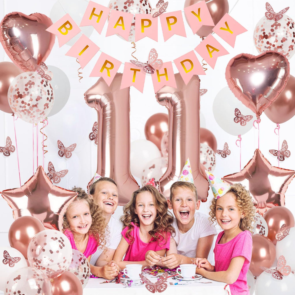 Rose Gold 11th Birthday Decorations Kit for Girls – Banner, 40-Inch Number 11 Foil Balloon, Butterfly Decorations, Heart & Star Balloons by VBEOLLOV