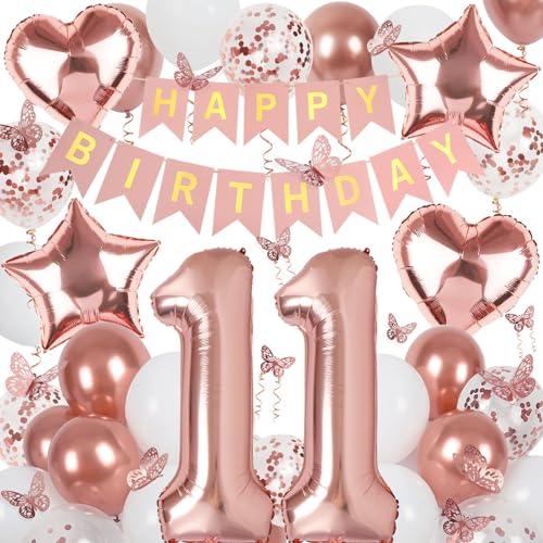 Rose Gold 11th Birthday Decorations Kit for Girls – Banner, 40-Inch Number 11 Foil Balloon, Butterfly Decorations, Heart & Star Balloons by VBEOLLOV