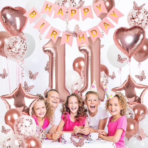 Rose Gold 11th Birthday Decorations Kit for Girls – Banner, 40-Inch Number 11 Foil Balloon, Butterfly Decorations, Heart & Star Balloons by VBEOLLOV