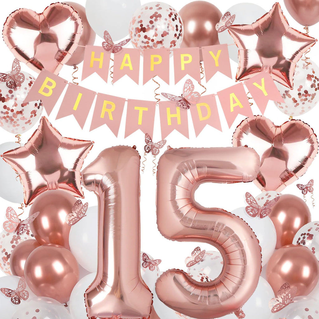Rose Gold 15th Birthday Decorations for Girl – Banner, 40In Number 15 Foil Balloon, Butterfly & Heart/Star Balloons Set