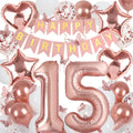 Rose Gold 15th Birthday Decorations for Girl – Banner, 40In Number 15 Foil Balloon, Butterfly & Heart/Star Balloons Set
