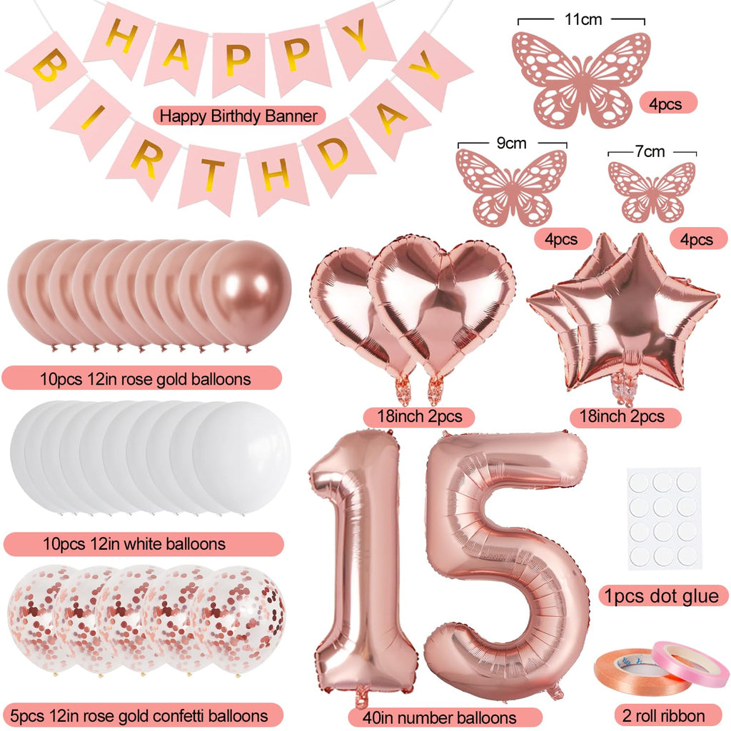 Rose Gold 15th Birthday Decorations for Girl – Banner, 40In Number 15 Foil Balloon, Butterfly & Heart/Star Balloons Set