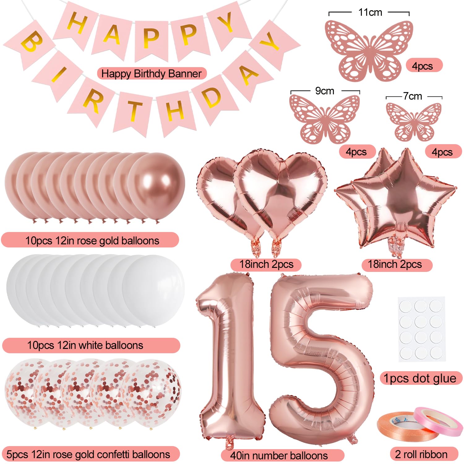 Rose Gold 15th Birthday Decorations for Girl – Banner, 40In Number 15 Foil Balloon, Butterfly & Heart/Star Balloons Set