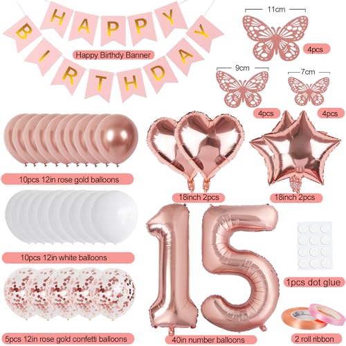 Rose Gold 15th Birthday Decorations for Girl – Banner, 40In Number 15 Foil Balloon, Butterfly & Heart/Star Balloons Set