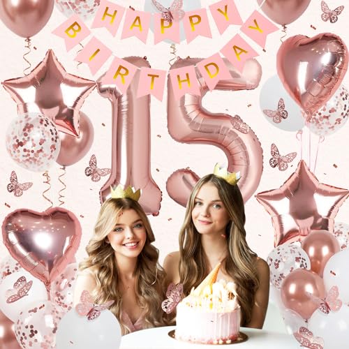 Rose Gold 15th Birthday Decorations for Girl – Banner, 40In Number 15 Foil Balloon, Butterfly & Heart/Star Balloons Set