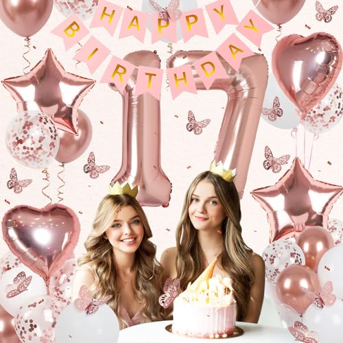 Rose Gold 17th Birthday Decorations Kit for Girls - VBEOLLOV 40-Inch Number 17 Foil Balloon, Banner, Butterfly & Balloon Set