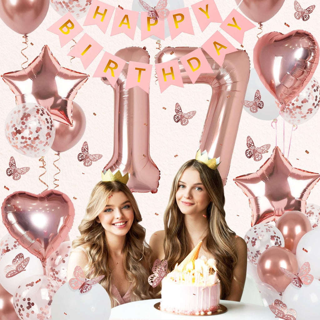 Rose Gold 17th Birthday Decorations Kit for Girls - VBEOLLOV 40-Inch Number 17 Foil Balloon, Banner, Butterfly & Balloon Set