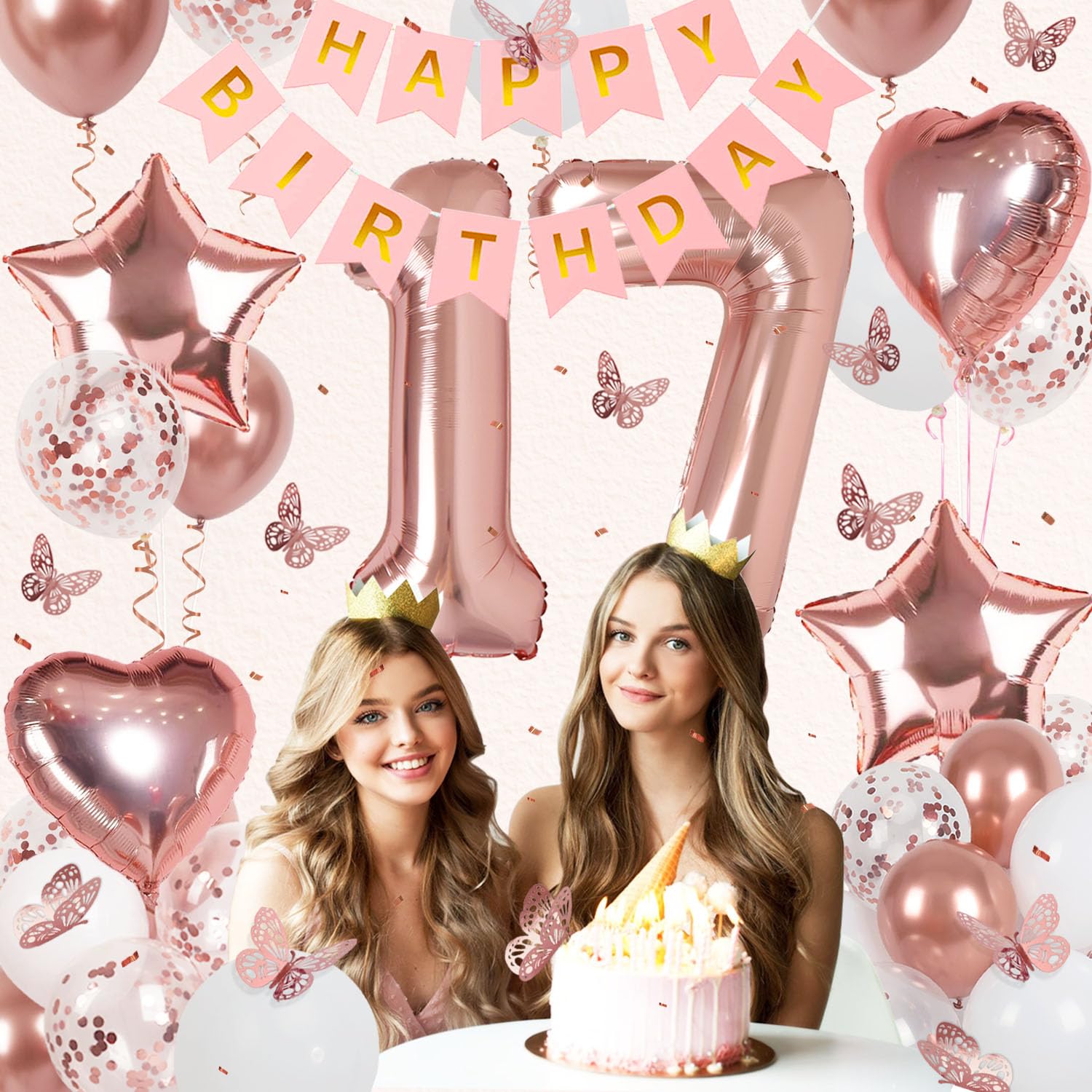 Rose Gold 17th Birthday Decorations Kit for Girls - VBEOLLOV 40-Inch Number 17 Foil Balloon, Banner, Butterfly & Balloon Set