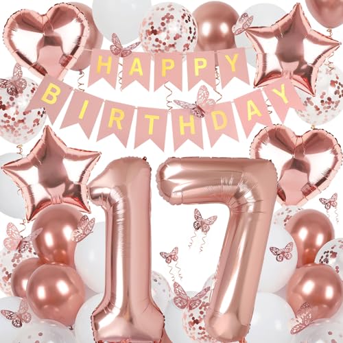 Rose Gold 17th Birthday Decorations Kit for Girls - VBEOLLOV 40-Inch Number 17 Foil Balloon, Banner, Butterfly & Balloon Set