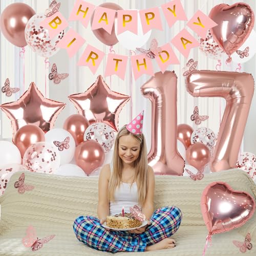 Rose Gold 17th Birthday Decorations Kit for Girls - VBEOLLOV 40-Inch Number 17 Foil Balloon, Banner, Butterfly & Balloon Set