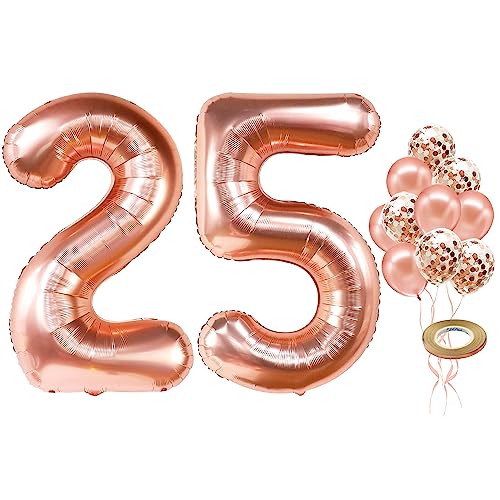 Rose Gold 25 Balloon Numbers Set – 40 Inch Giant Number with Confetti Balloons for 25th Birthday or Anniversary Decor
