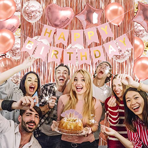 Rose Gold Birthday Party Decoration Set - 67 Pieces with Banner, Curtains, Balloons, and More