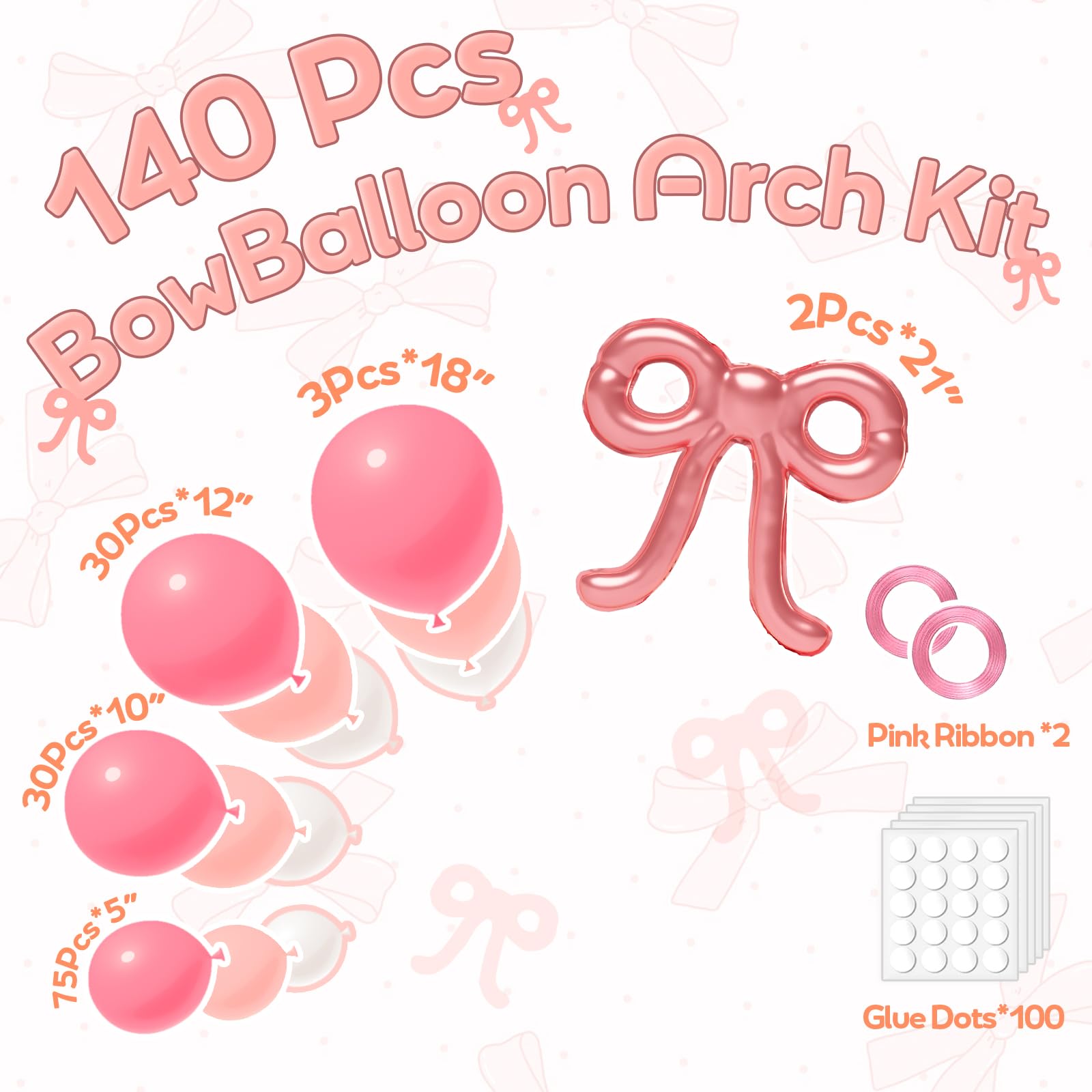Rose Gold Bow Balloon Arch Kit – 140 Piece White and Pink Balloon Set for Birthday, Baby Shower, Wedding Decorations