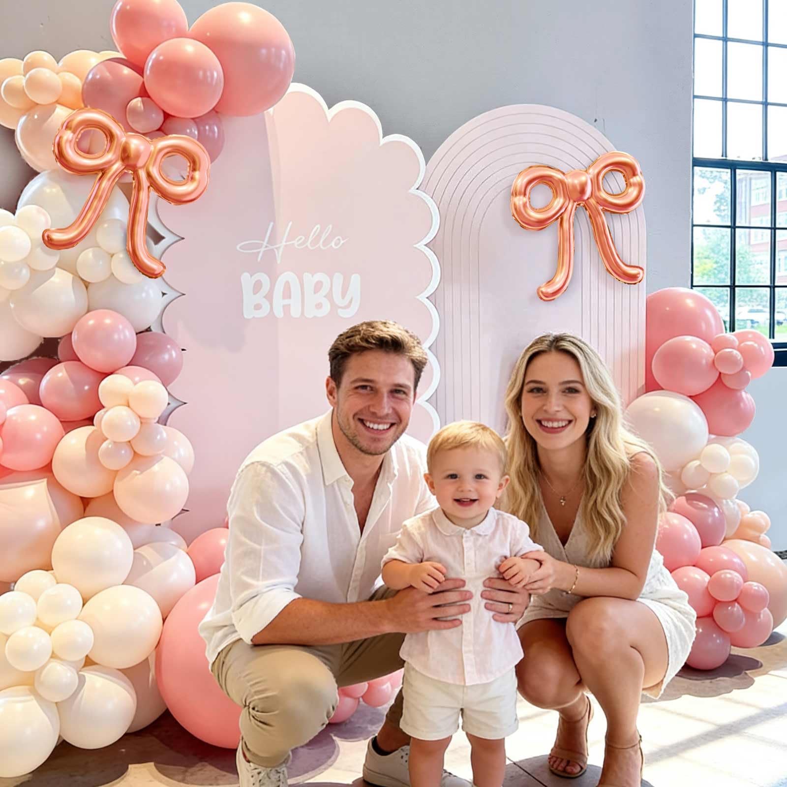 Rose Gold Bow Balloon Arch Kit – 140 Piece White and Pink Balloon Set for Birthday, Baby Shower, Wedding Decorations