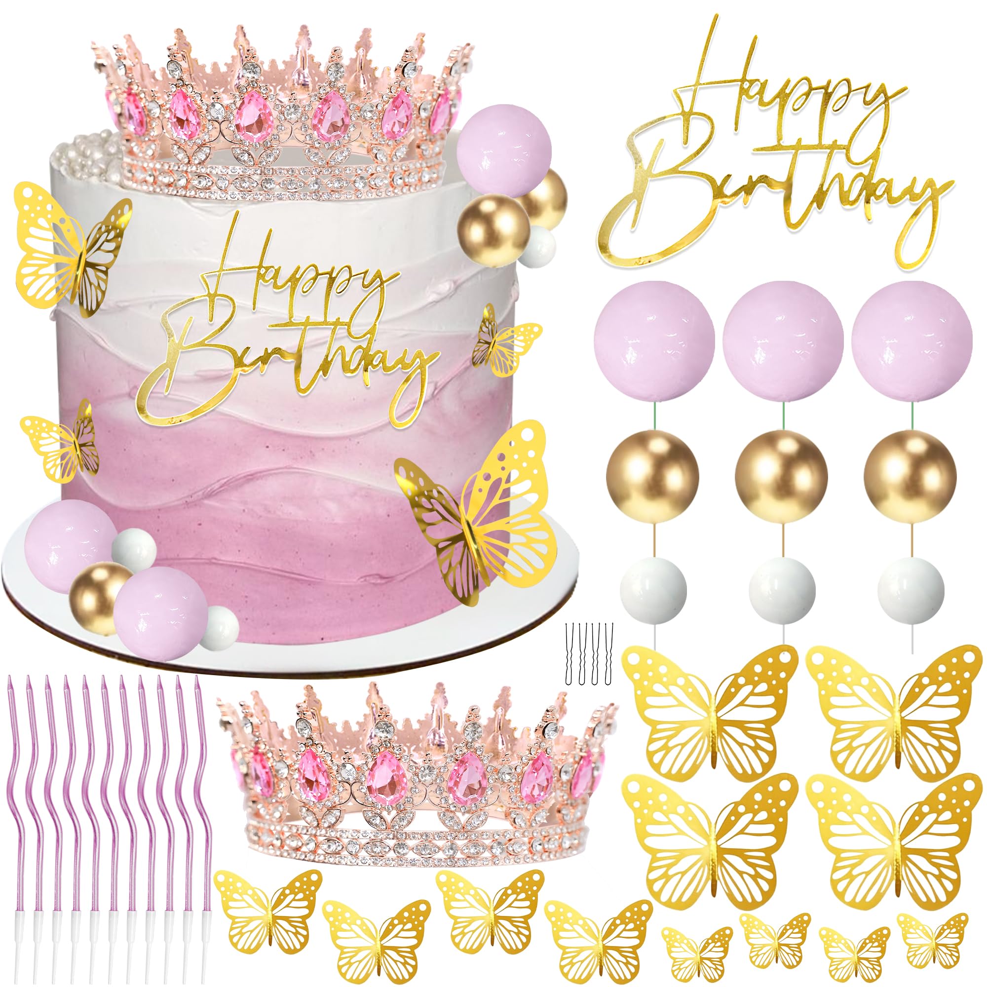 Rose Gold Crown Cake Topper Set - Birthday Decor with Crown, Balls, Butterflies & Candles