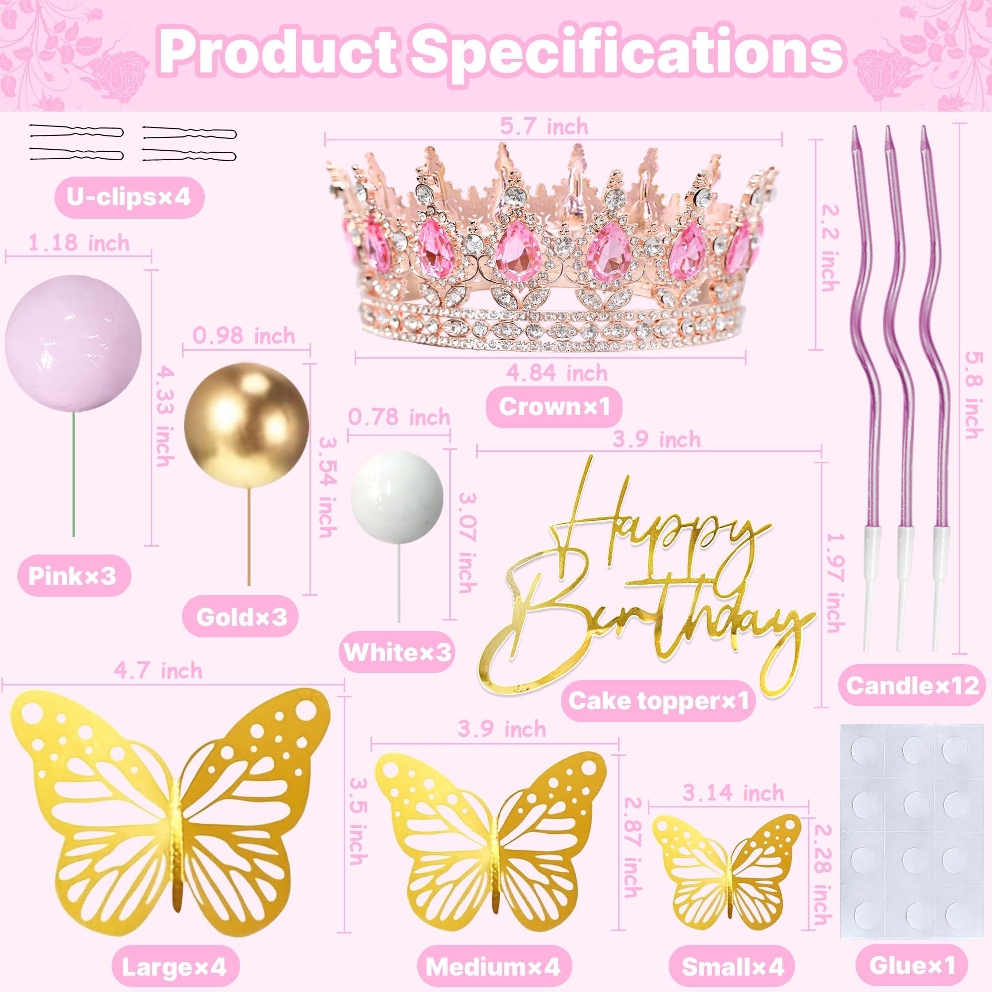 Rose Gold Crown Cake Topper Set - Birthday Decor with Crown, Balls, Butterflies & Candles