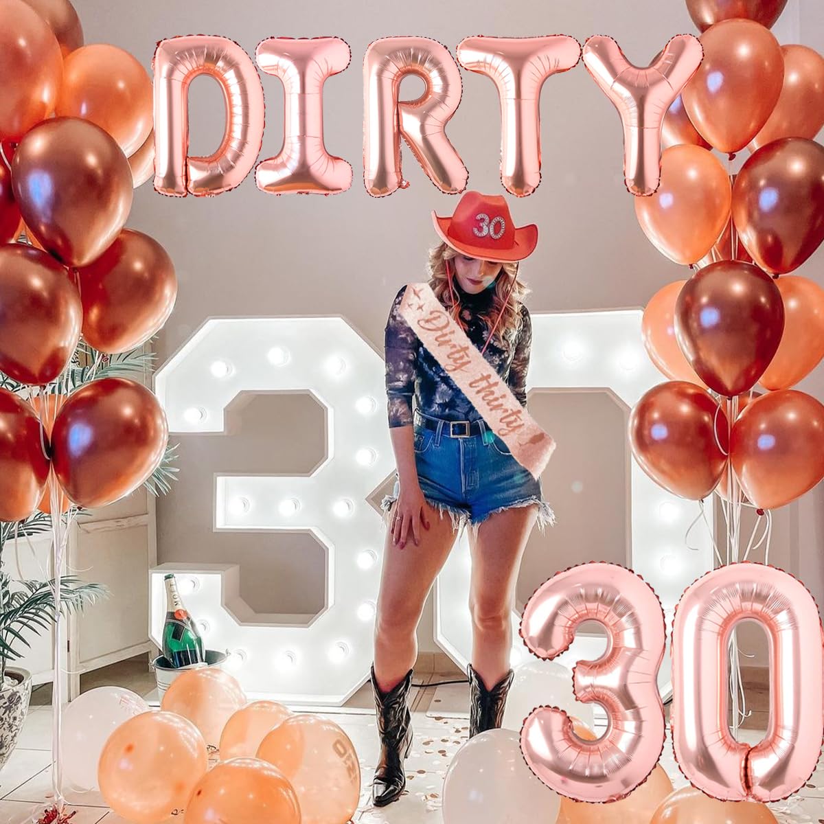 Rose Gold Dirty Thirty Party Decorations Kit – Banner, Balloons, Cake Topper & Sash for Her 30th Birthday
