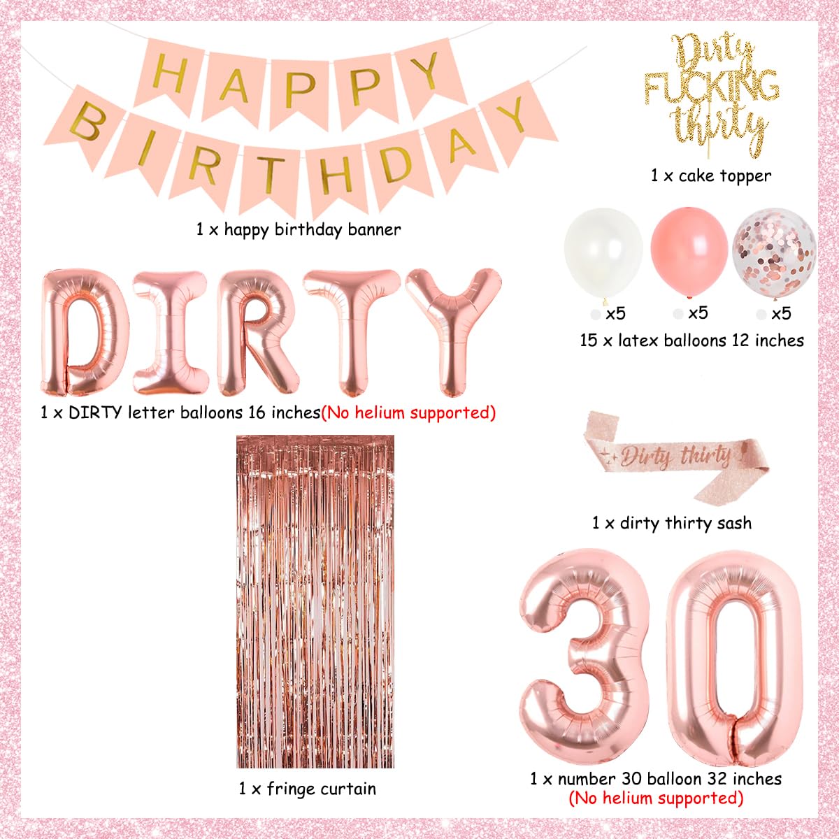 Rose Gold Dirty Thirty Party Decorations Kit – Banner, Balloons, Cake Topper & Sash for Her 30th Birthday