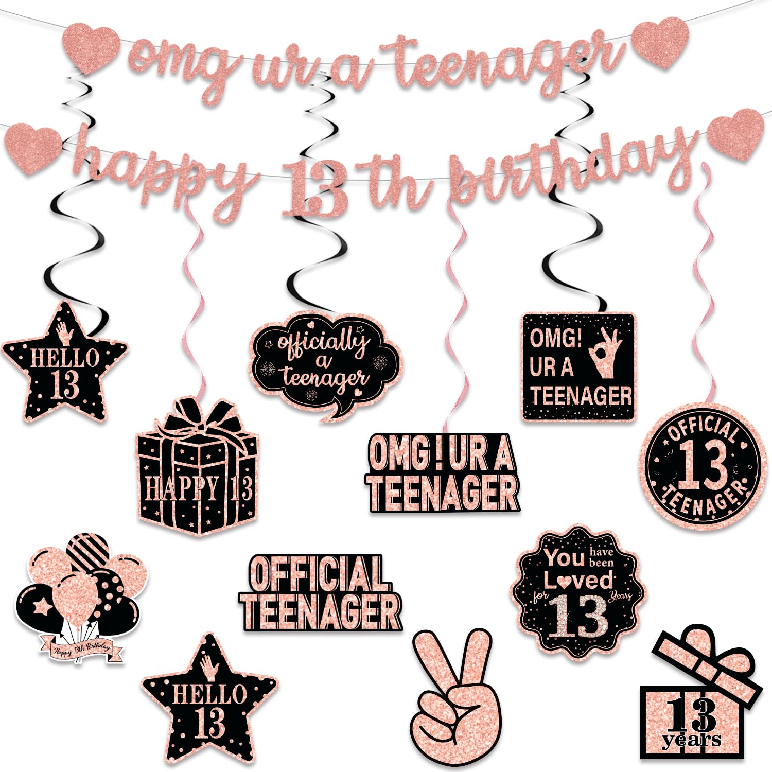Rose Gold Glitter 13th Birthday Banner Set - Pre-Strung Hanging Swirls & Decorative Cards for Girls' Party Decor