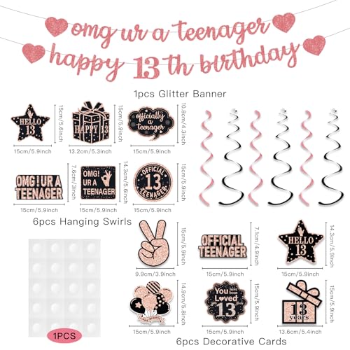 Rose Gold Glitter 13th Birthday Banner Set - Pre-Strung Hanging Swirls & Decorative Cards for Girls' Party Decor