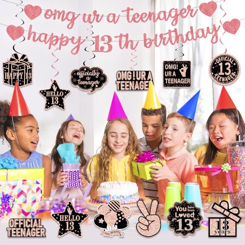 Rose Gold Glitter 13th Birthday Banner Set - Pre-Strung Hanging Swirls & Decorative Cards for Girls' Party Decor