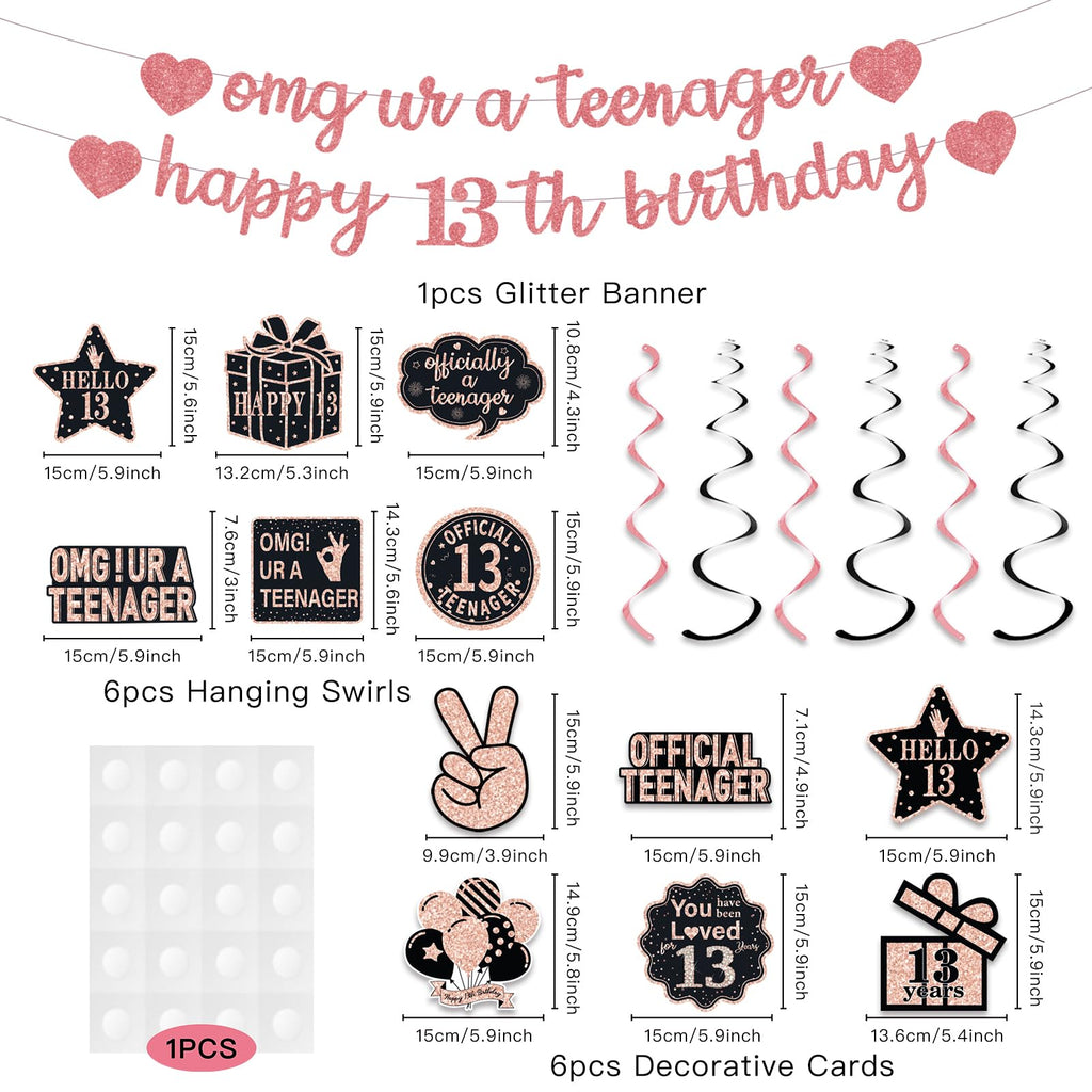 Rose Gold Glitter 13th Birthday Banner Set - Pre-Strung Hanging Swirls & Decorative Cards for Girls' Party Decor