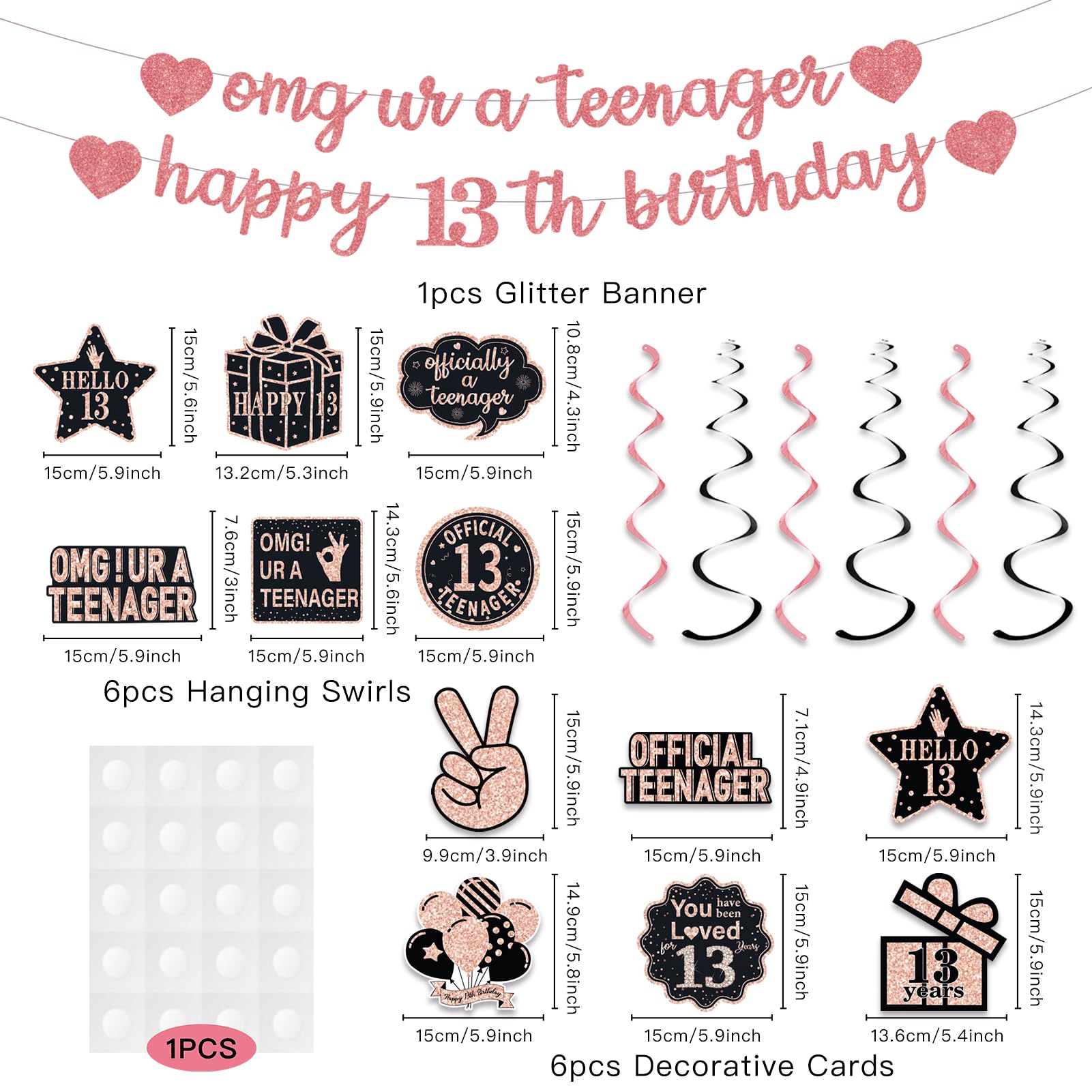 Rose Gold Glitter 13th Birthday Banner Set - Pre-Strung Hanging Swirls & Decorative Cards for Girls' Party Decor