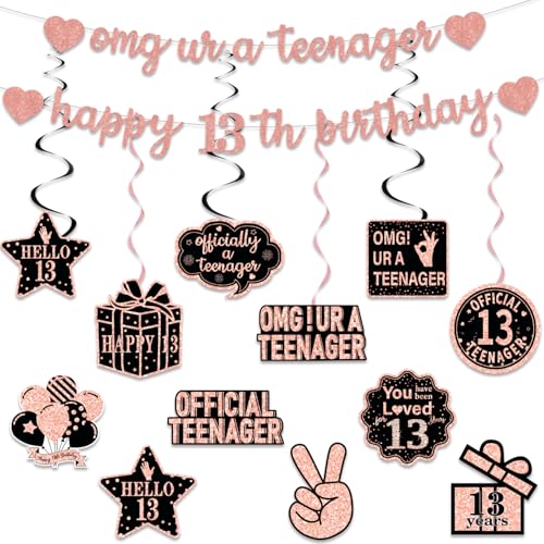 Rose Gold Glitter 13th Birthday Banner Set - Pre-Strung Hanging Swirls & Decorative Cards for Girls' Party Decor