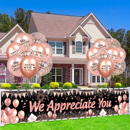 Rose Gold We Appreciate You Banner and Balloons Set – 18-Piece Appreciation Party Decor