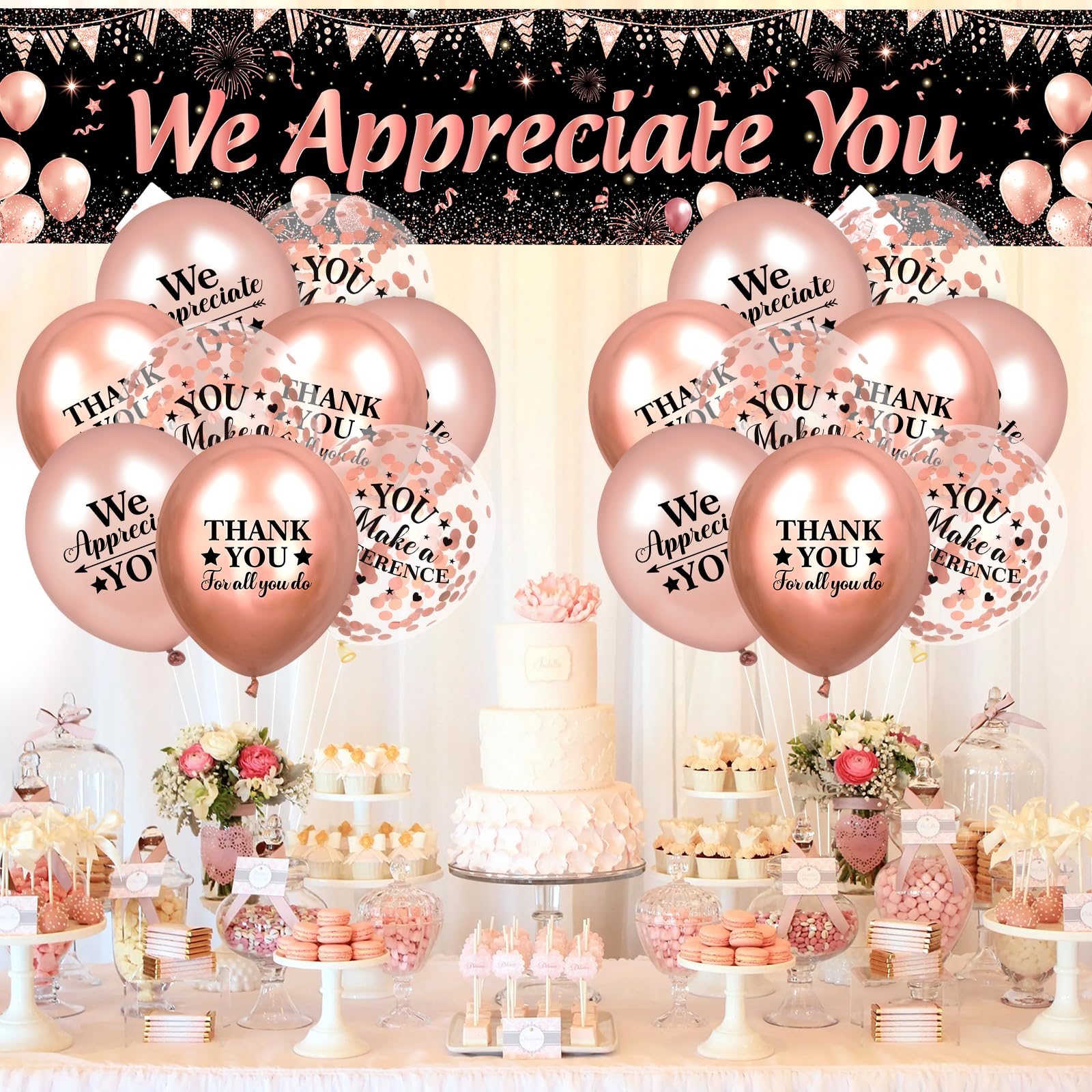 Rose Gold We Appreciate You Banner and Balloons Set – 18-Piece Appreciation Party Decor