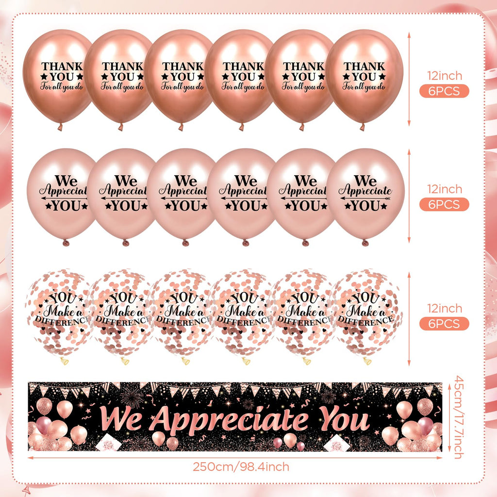 Rose Gold We Appreciate You Banner and Balloons Set – 18-Piece Appreciation Party Decor