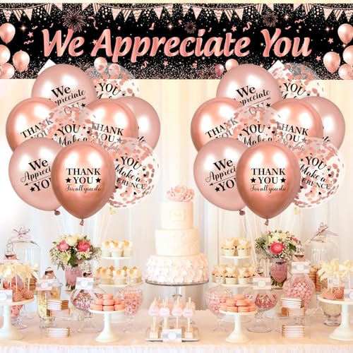 Rose Gold We Appreciate You Banner and Balloons Set – 18-Piece Appreciation Party Decor