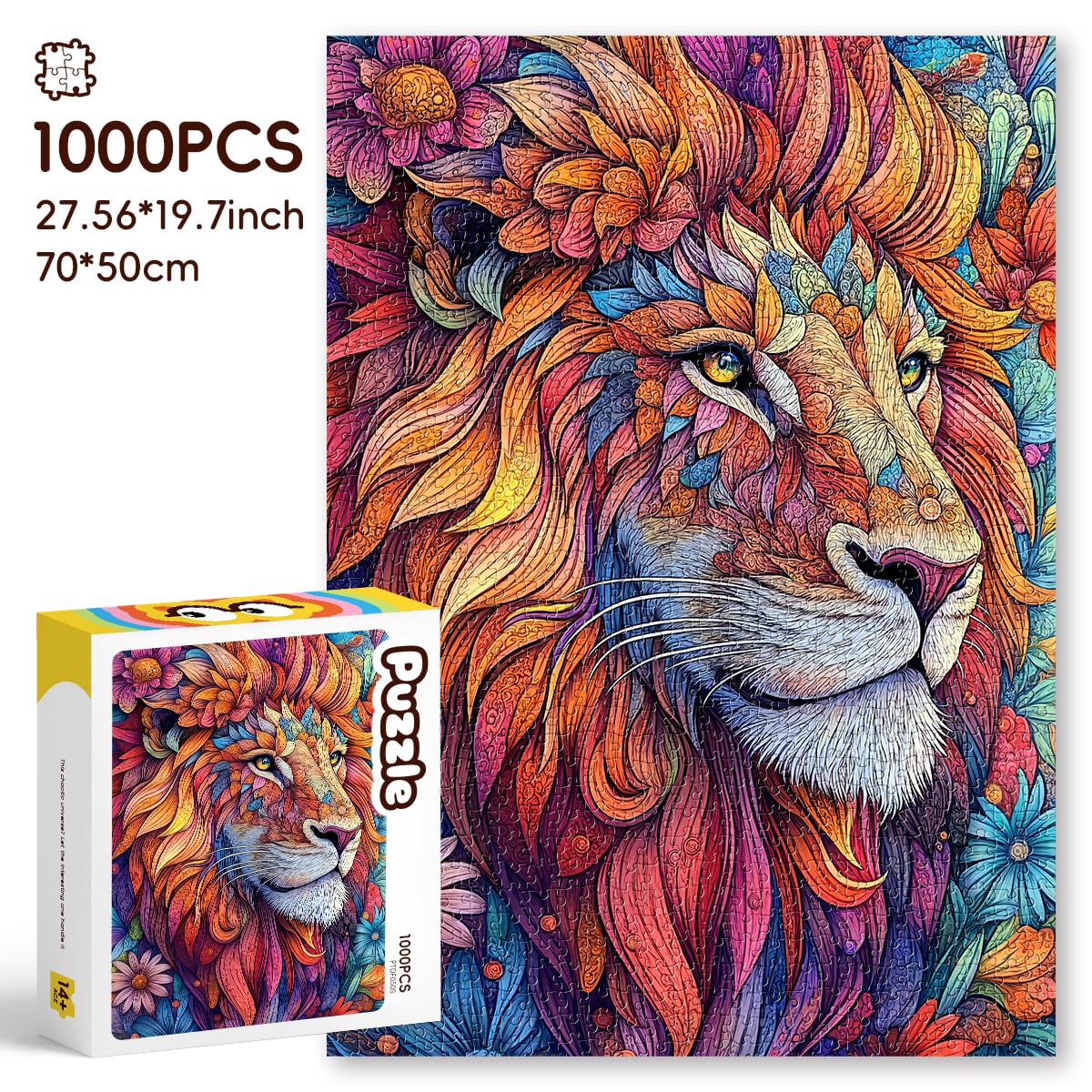 ROSE RAIN 1000-Piece Floral Lion Jigsaw Puzzle – Dust-Free HD Board, 27.56x19.7 in, Letters on Back for Assisted Solving