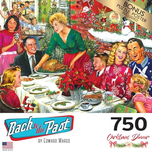 RoseArt Back to The Past Christmas Dinner 750-Piece Jigsaw Puzzle – Premium Quality with Poster