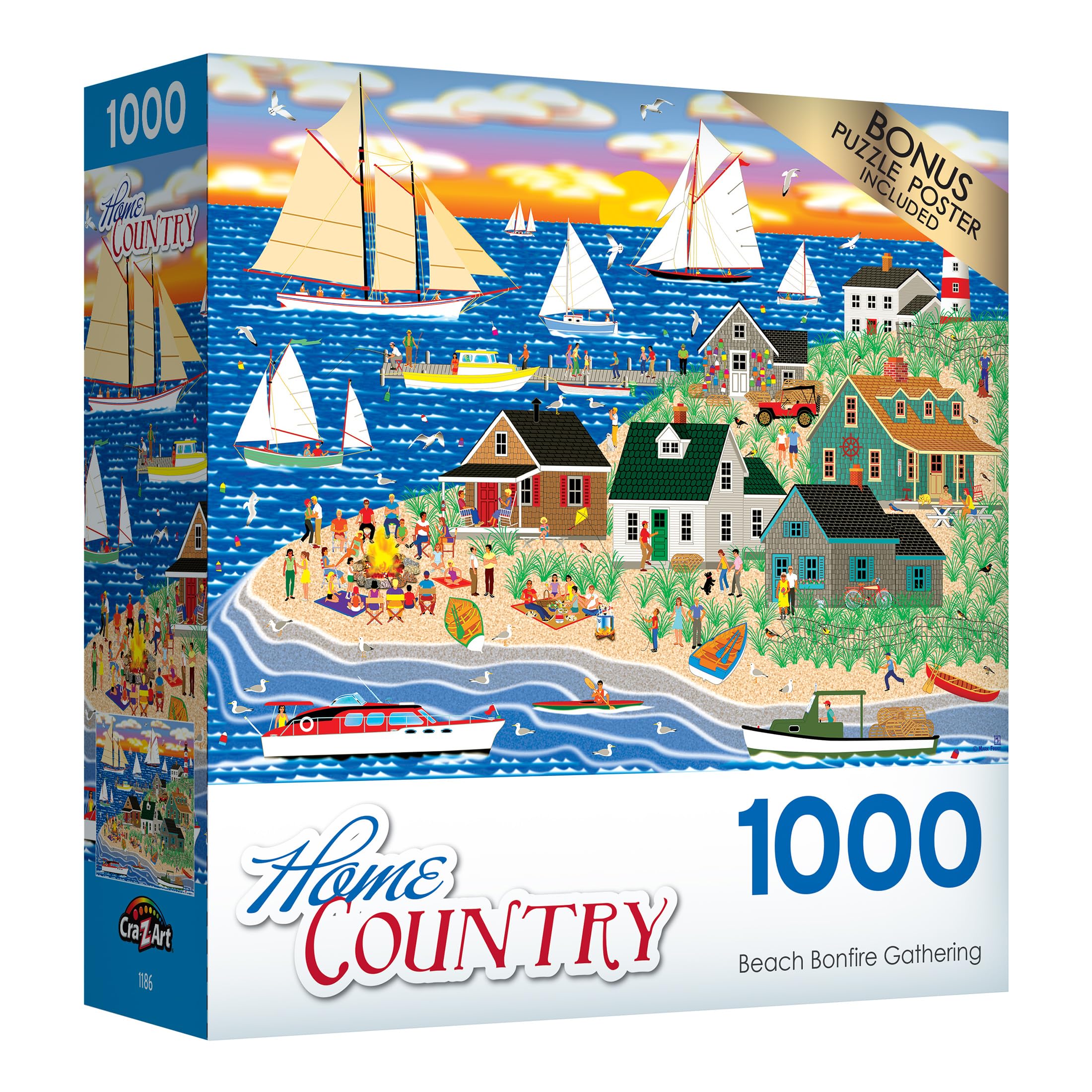 RoseArt Beach Bonfire Gathering 1000-Piece Jigsaw Puzzle for Adults – Recycled Materials & Bonus Poster